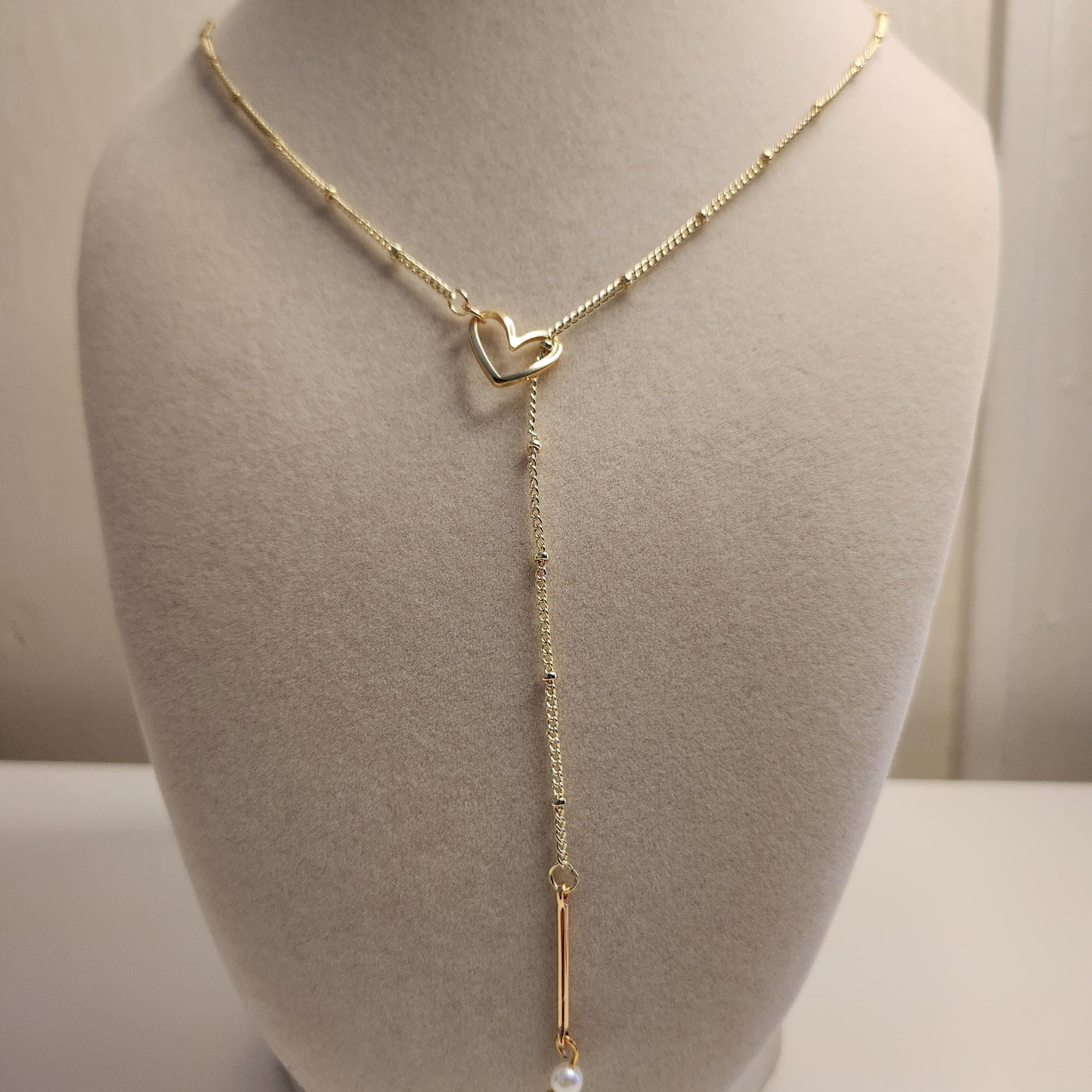 Handmade 18k gold plated adujustable heart with pearl necklace, mothers day gift