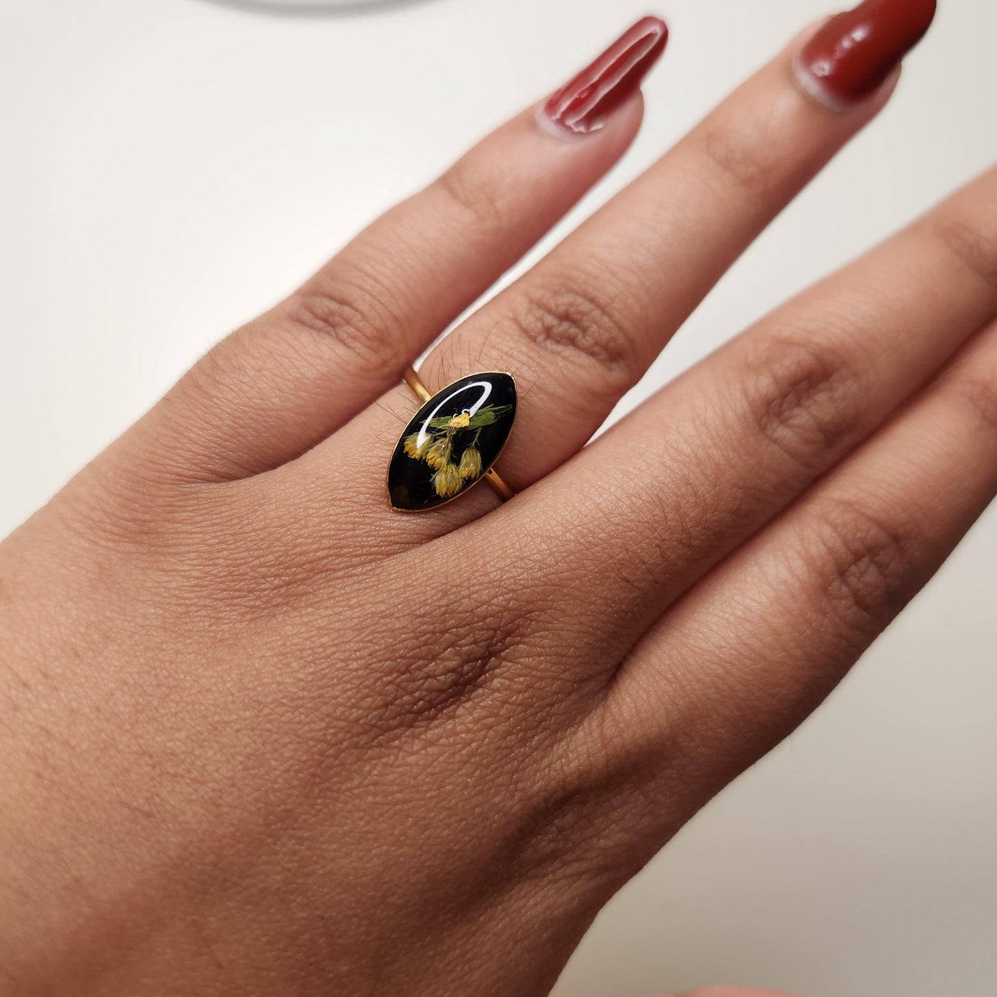 resin real flowers pressed gold plated adjustable ring