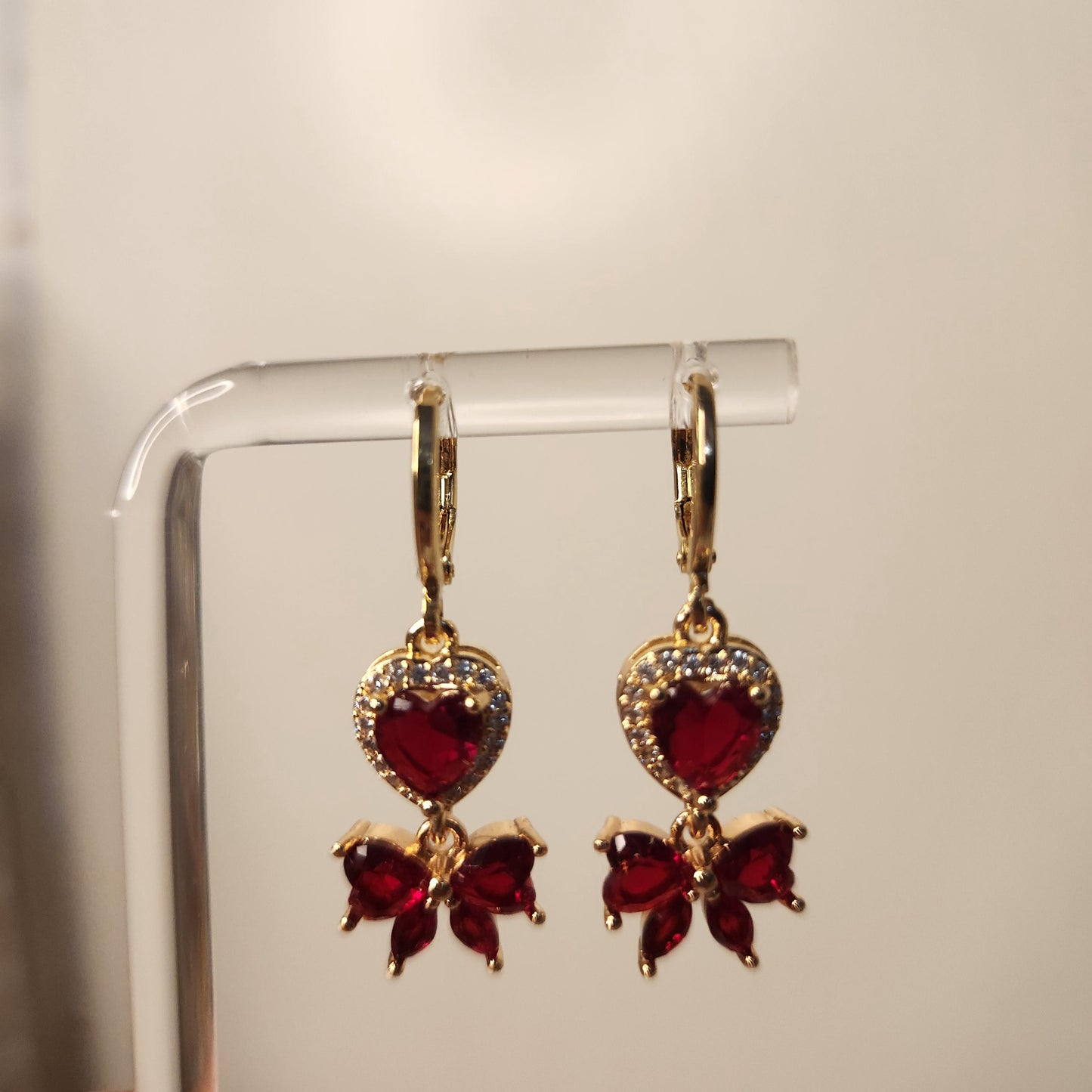HANDMADE red heart and bow earrings with 14k gold plated huggie hoops