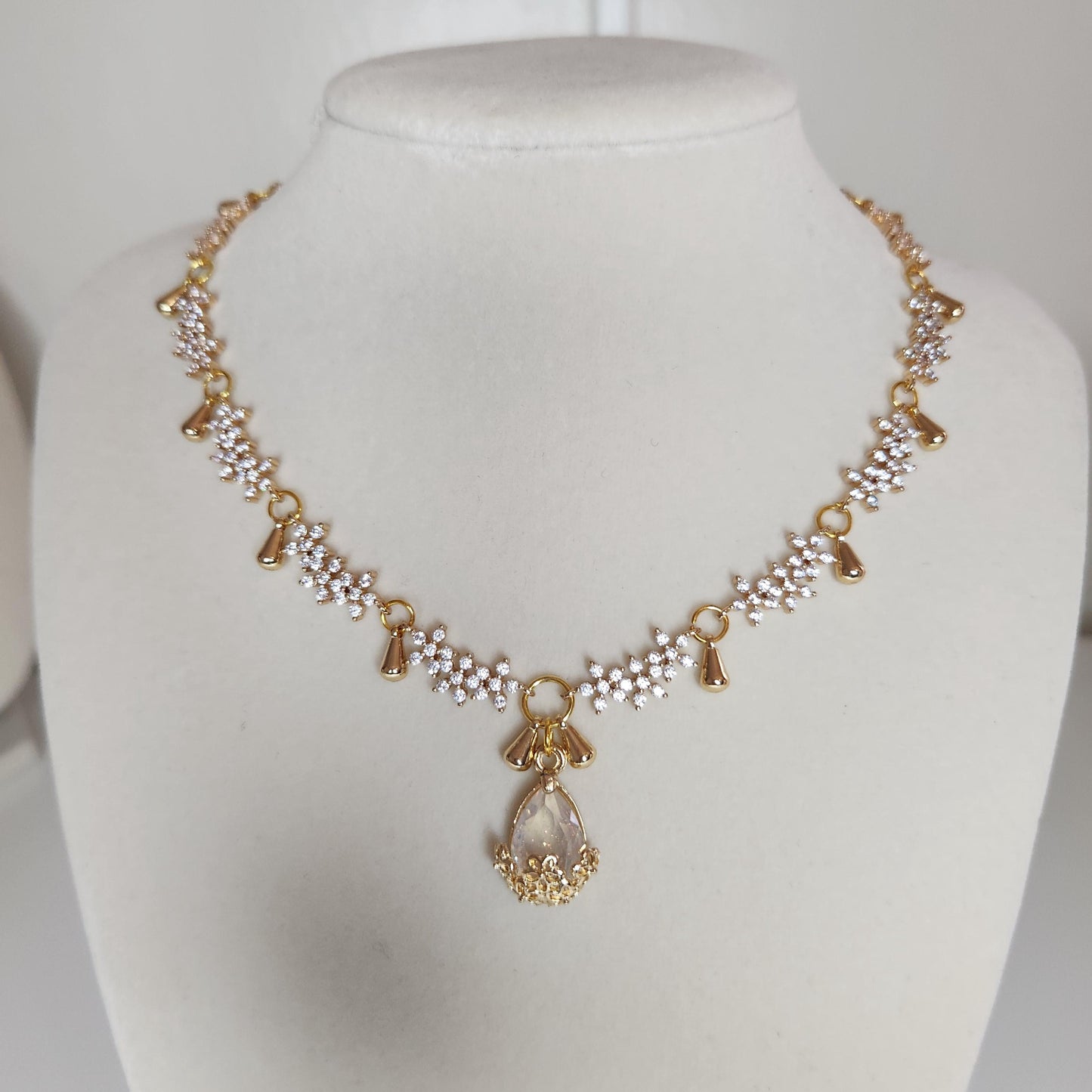 Handmade Crystal Floral Necklace, Dainty Teardrop Pendant