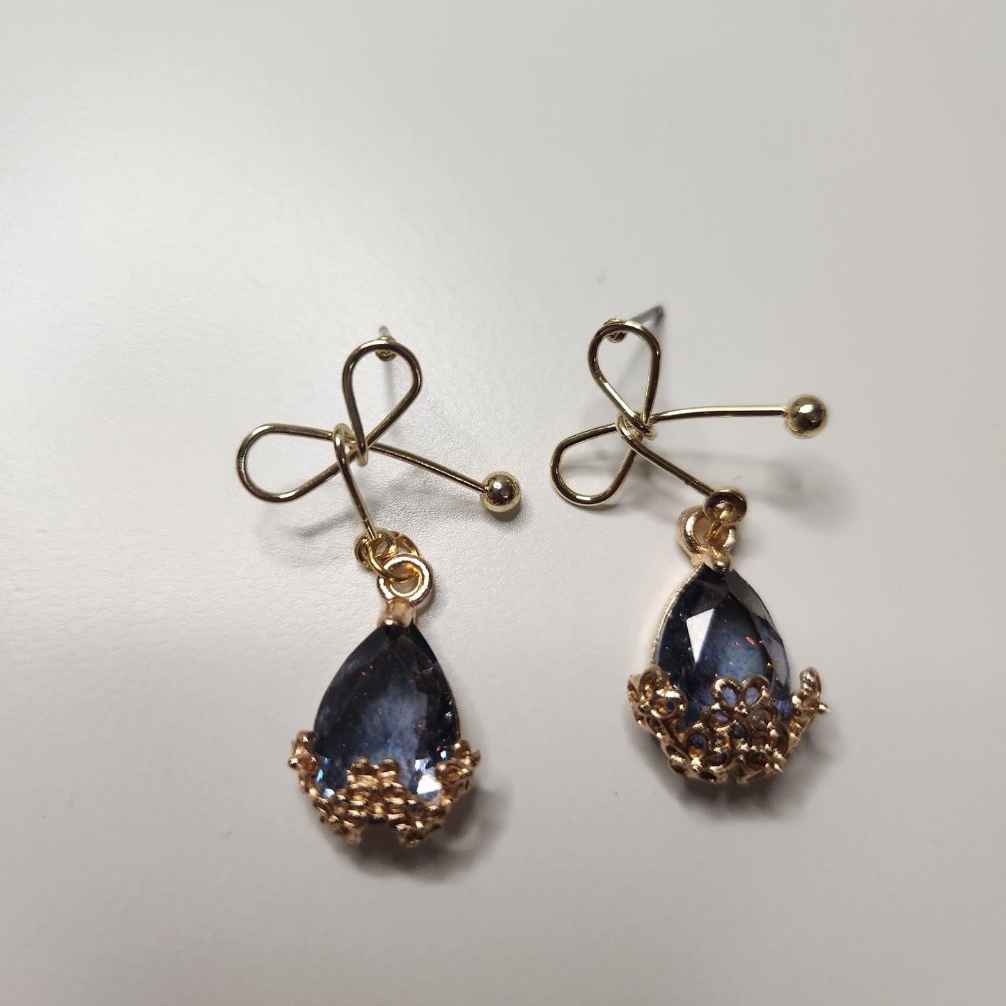 HANDMADE tarnish free gold plated bow earrings with crystal teardrop