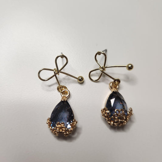 HANDMADE tarnish free gold plated bow earrings with crystal teardrop