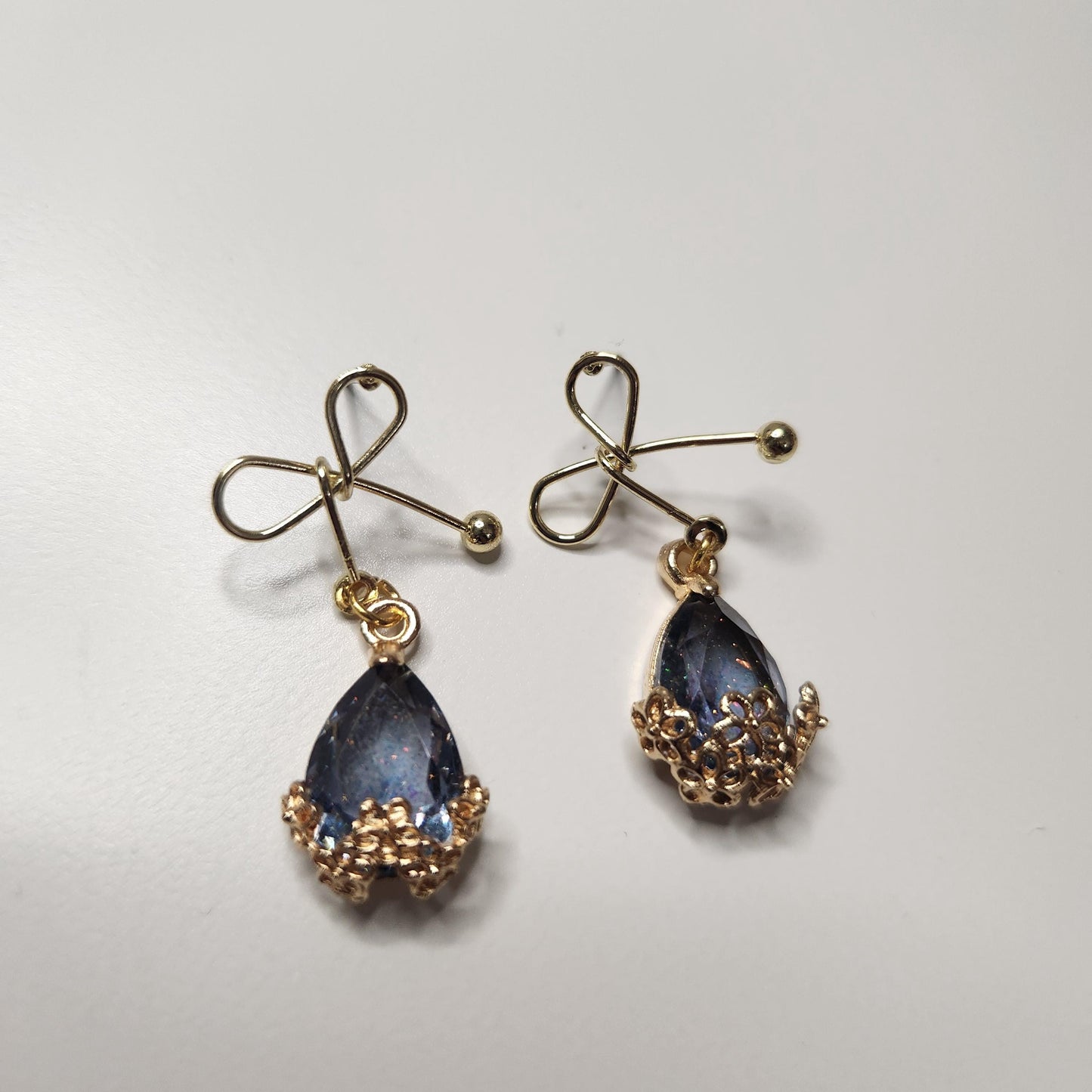 HANDMADE tarnish free gold plated bow earrings with crystal teardrop