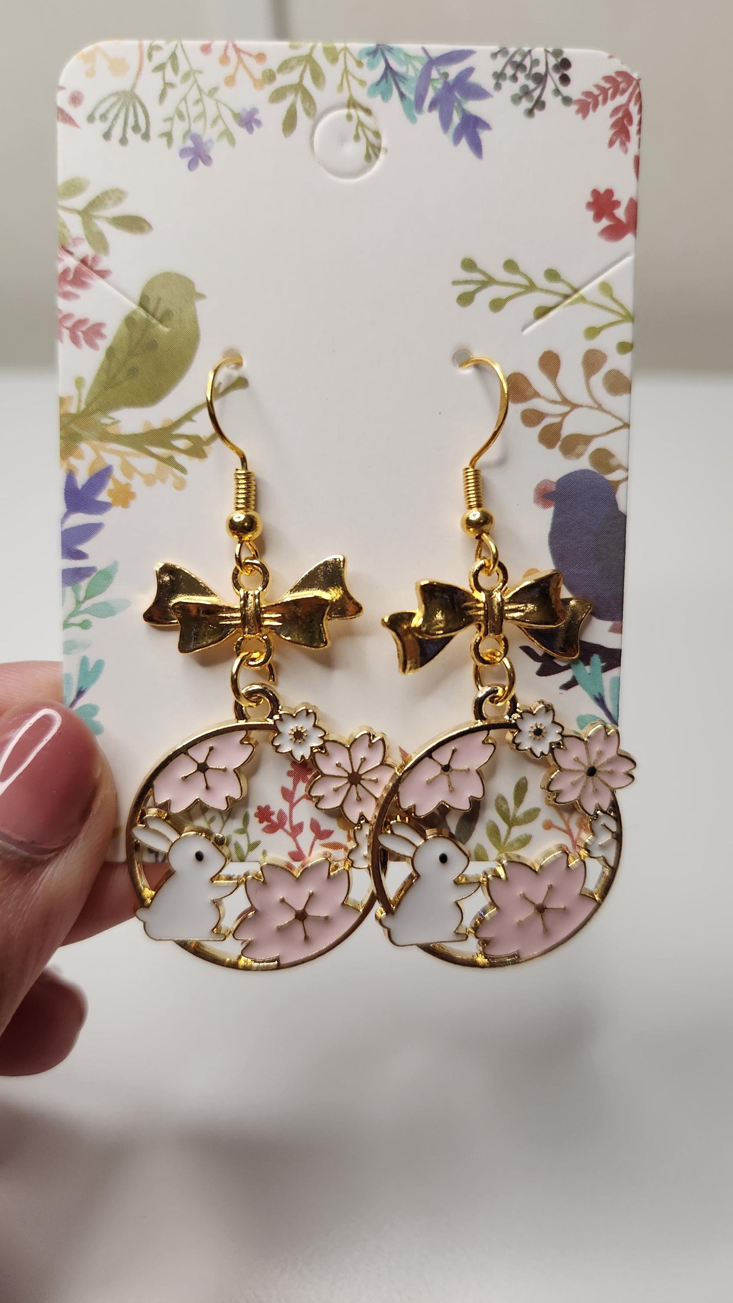 Handmade Easter Bunny Dangle Earrings, Bow Accent