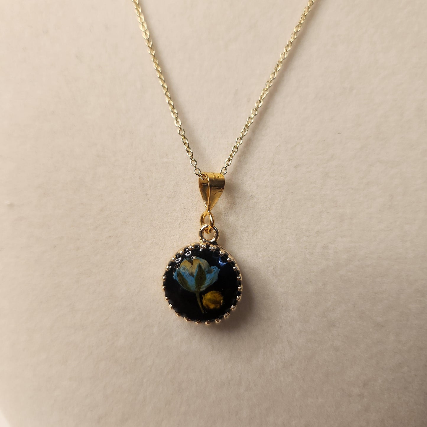 Handmade Pressed Flower Resin Pendant Necklace, 14k Gold Plated