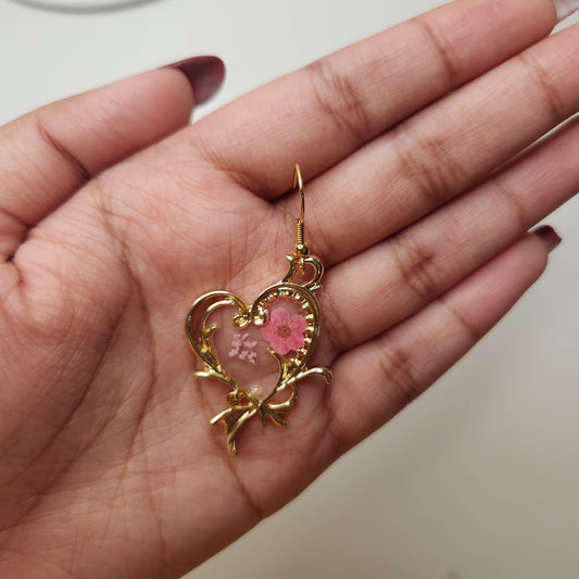 Resin pink real pressed flower heart dangle earrings 18k plated