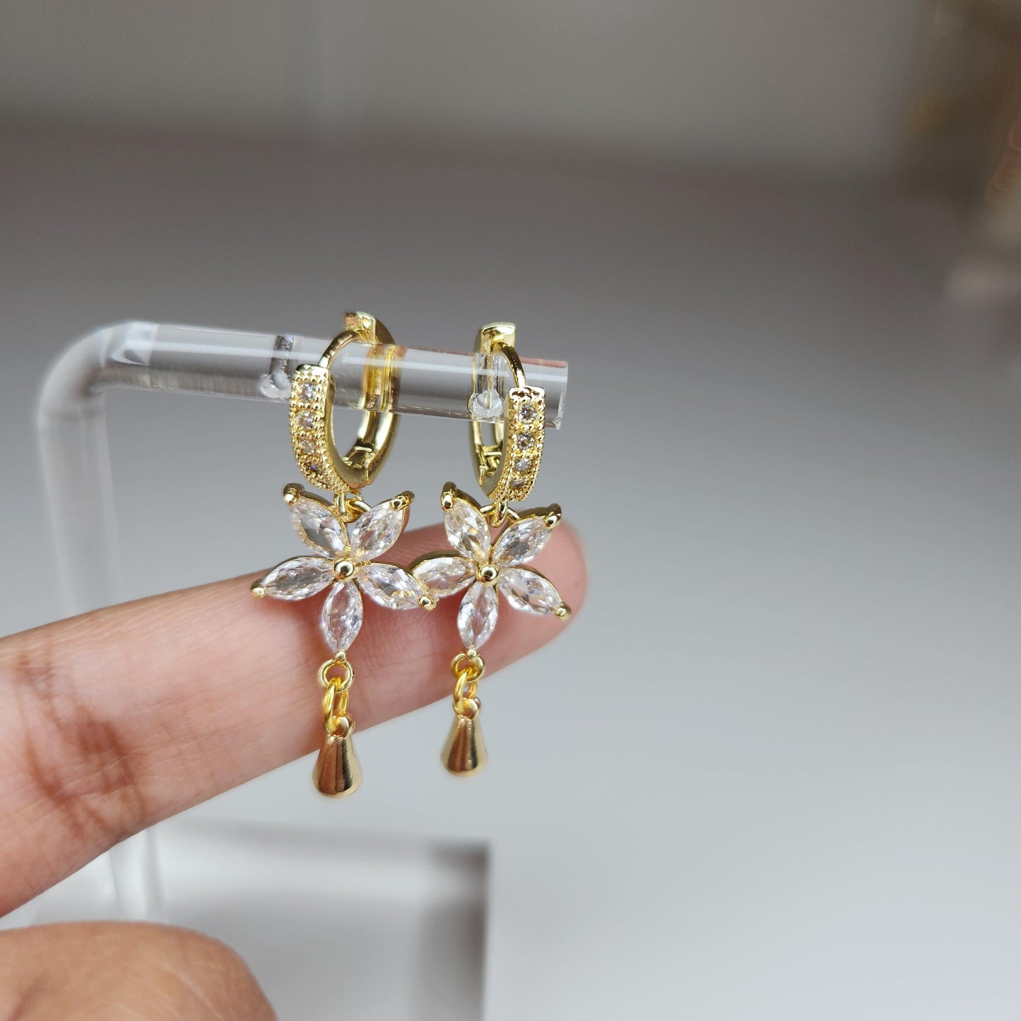 HANDMADE 18k gold plated floral huggie hoop dangle earring, mothers day gift ideas