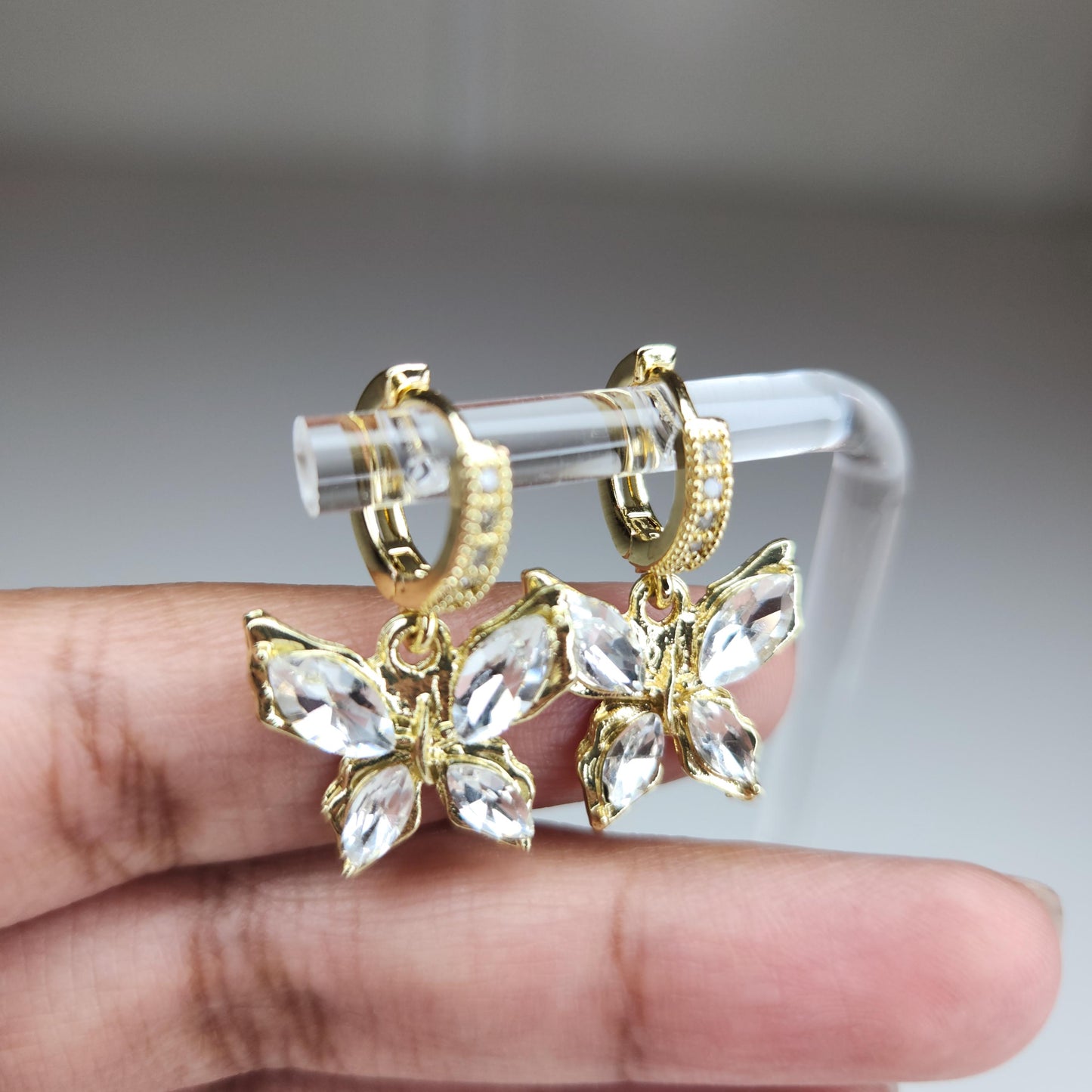 HANDMADE 18k gold crystal butterfly huggie hoop dangle earring, mothers day gift ideas