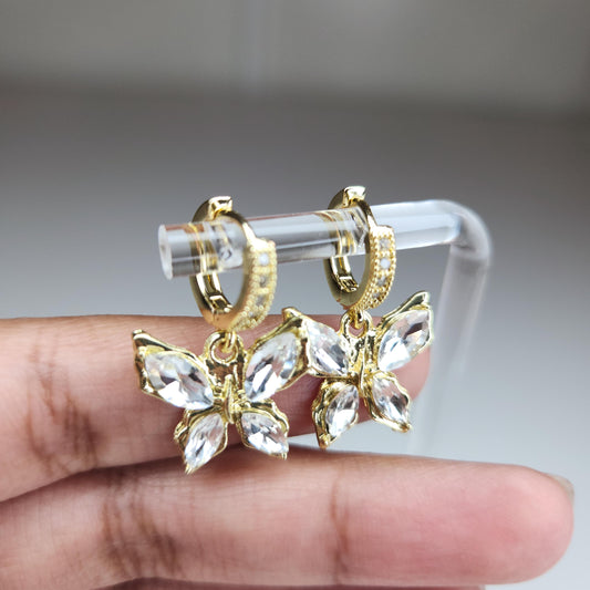 HANDMADE 18k gold crystal butterfly huggie hoop dangle earring, mothers day gift ideas