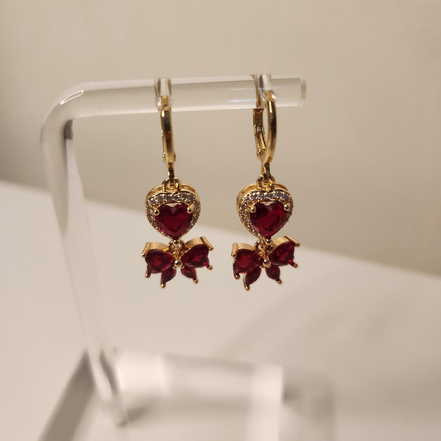 HANDMADE red heart and bow earrings with 14k gold plated huggie hoops