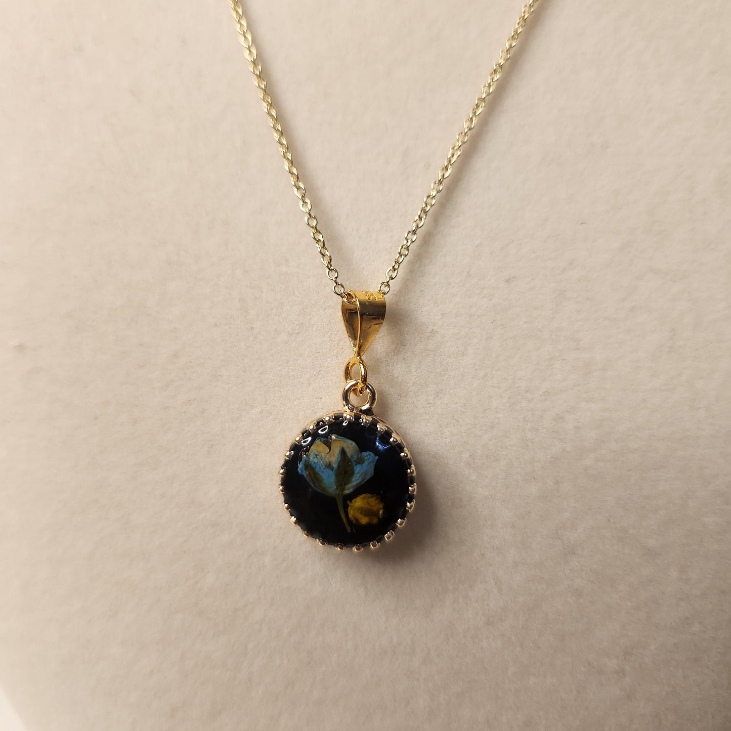 Handmade Pressed Flower Resin Pendant Necklace, 14k Gold Plated