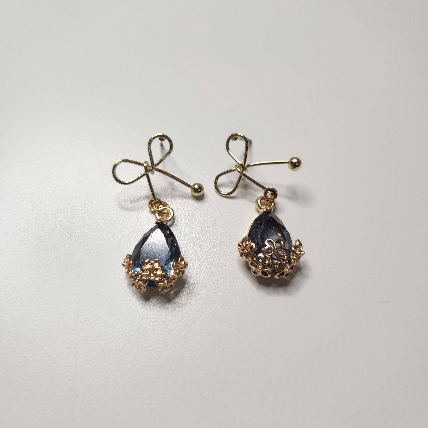 HANDMADE tarnish free gold plated bow earrings with crystal teardrop