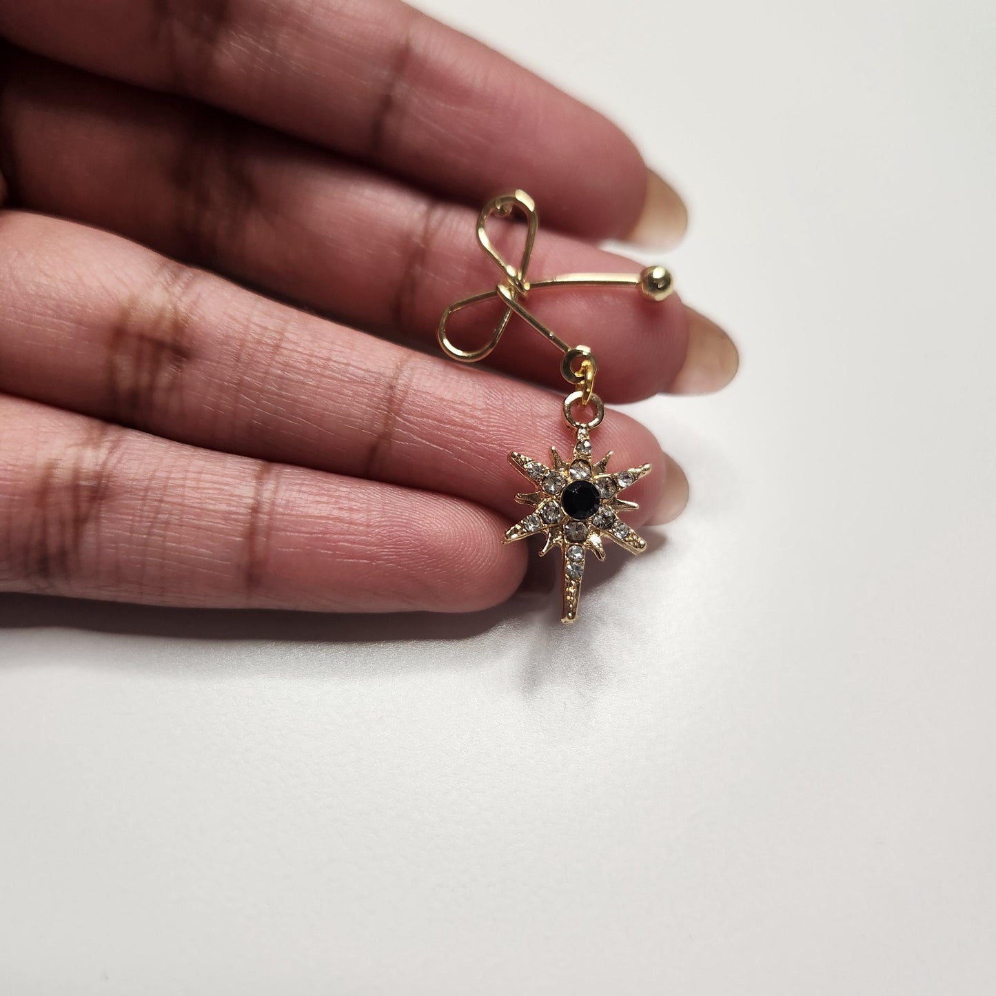 HANDMADE tarnish free gold plated diana bow earrings with black star dangle