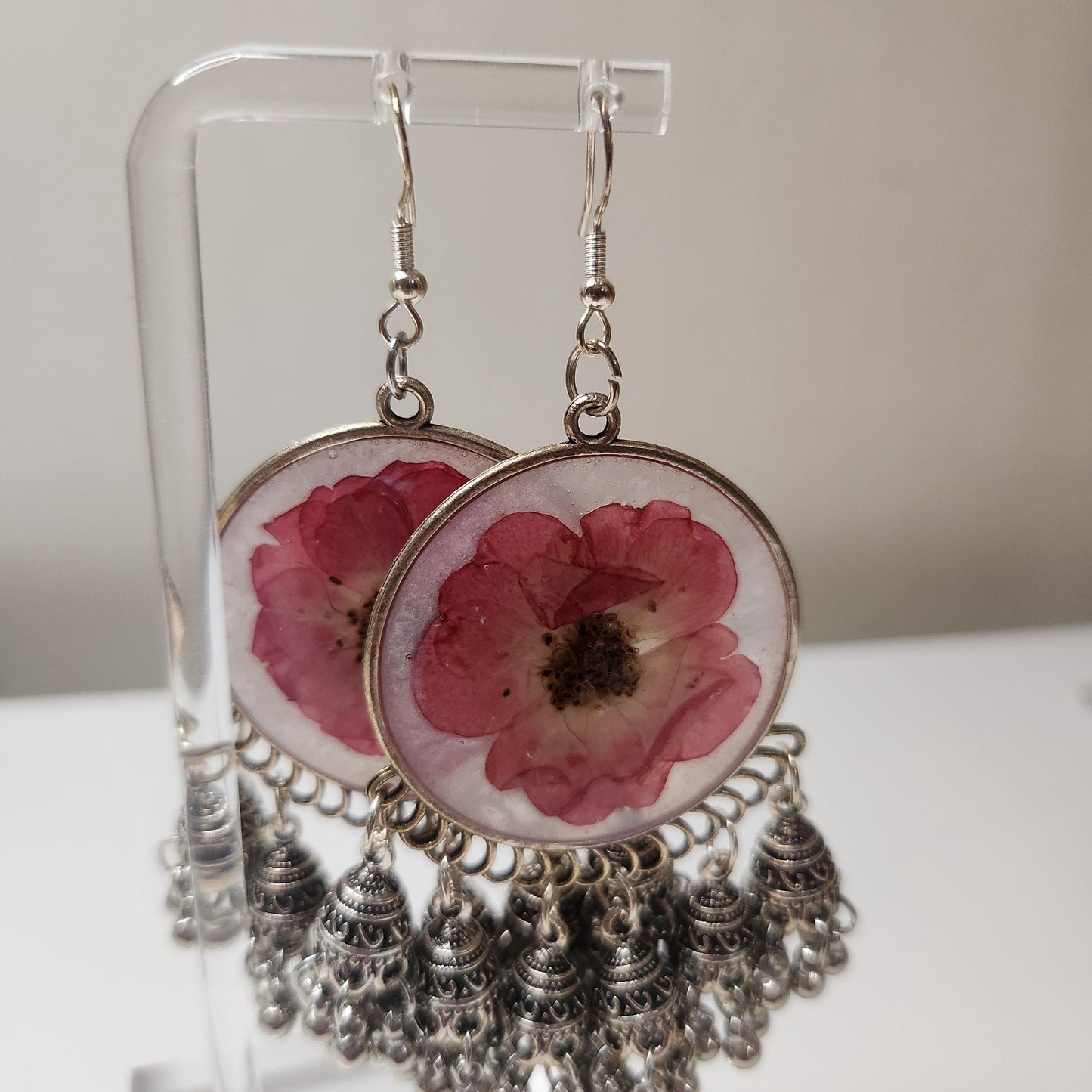 HANDMADE resin jhumkas with real roses (silver)