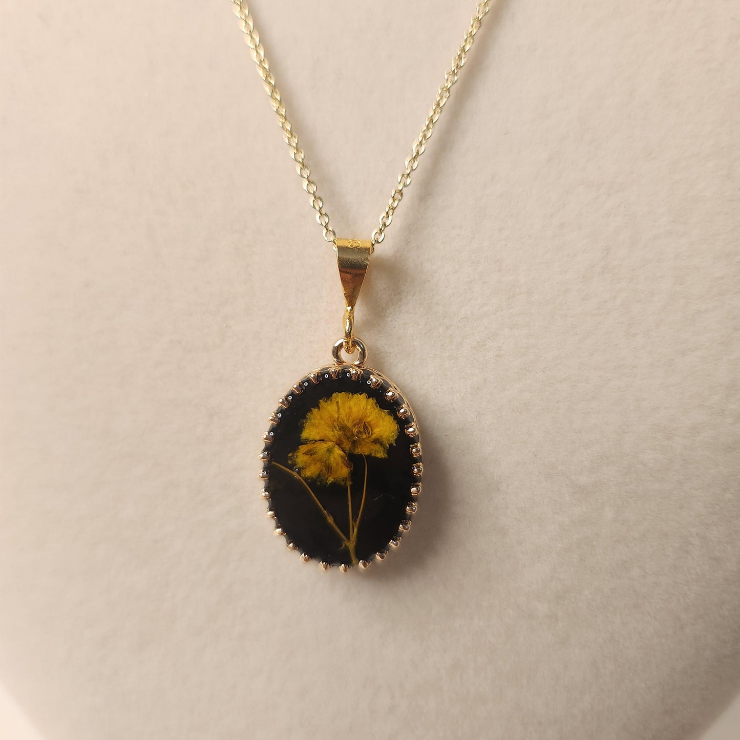 Handmade Pressed Flower Resin Pendant Necklace, 14k Gold Plated