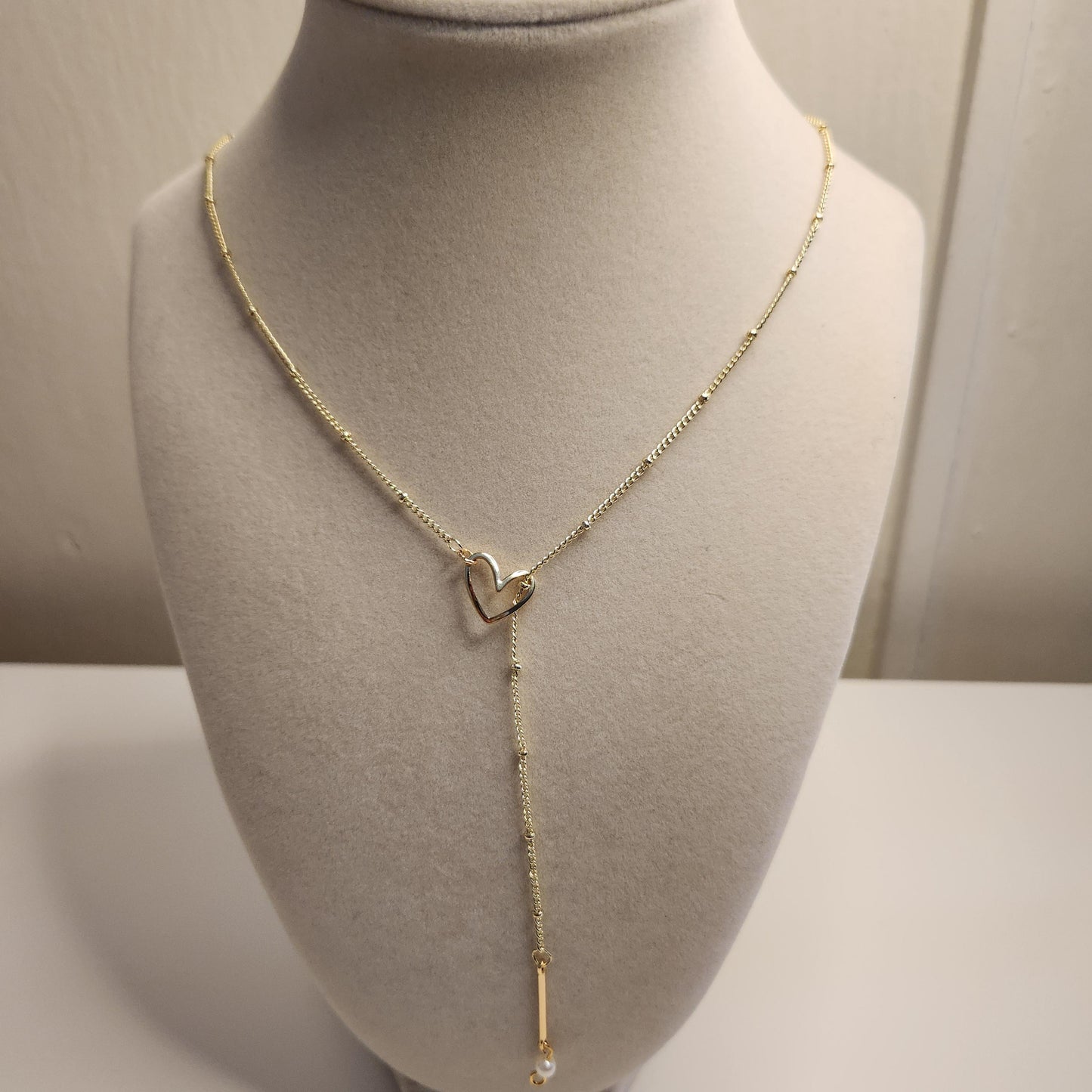 Handmade 18k gold plated adujustable heart with pearl necklace, mothers day gift