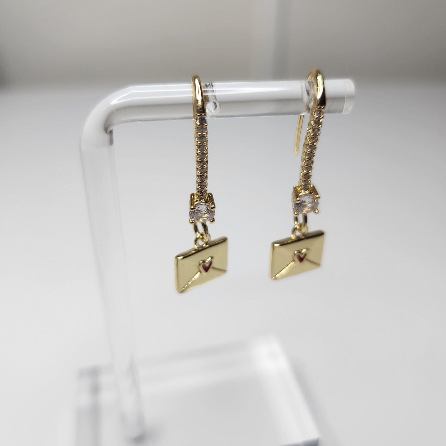 HANDMADE 18k gold envelope with heart dangle earring, mothers day gift ideas