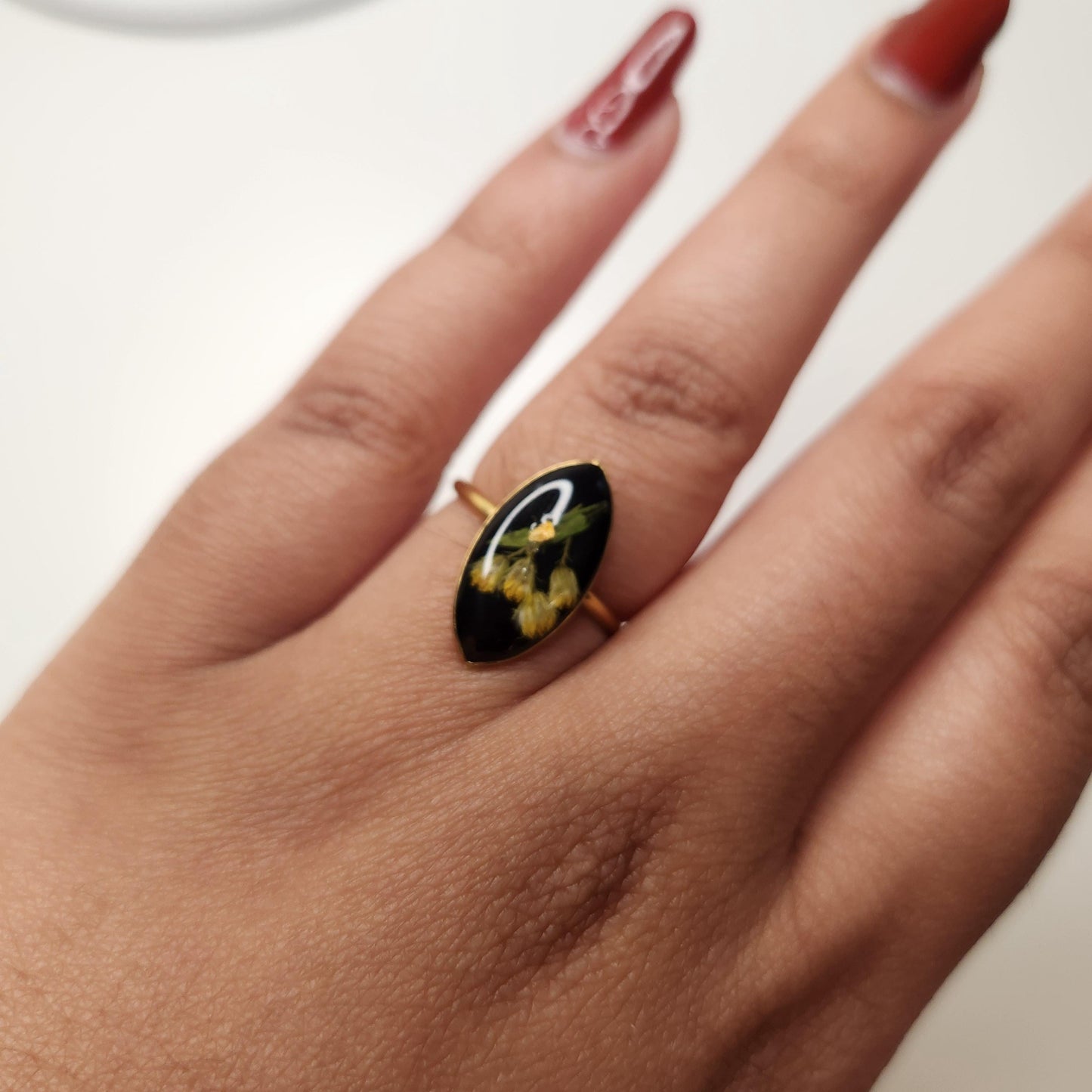 resin real flowers pressed gold plated adjustable ring