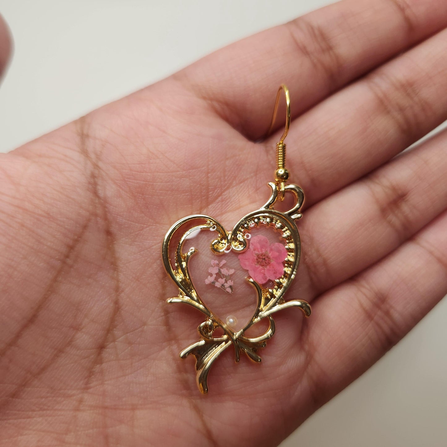 Resin pink real pressed flower heart dangle earrings 18k plated