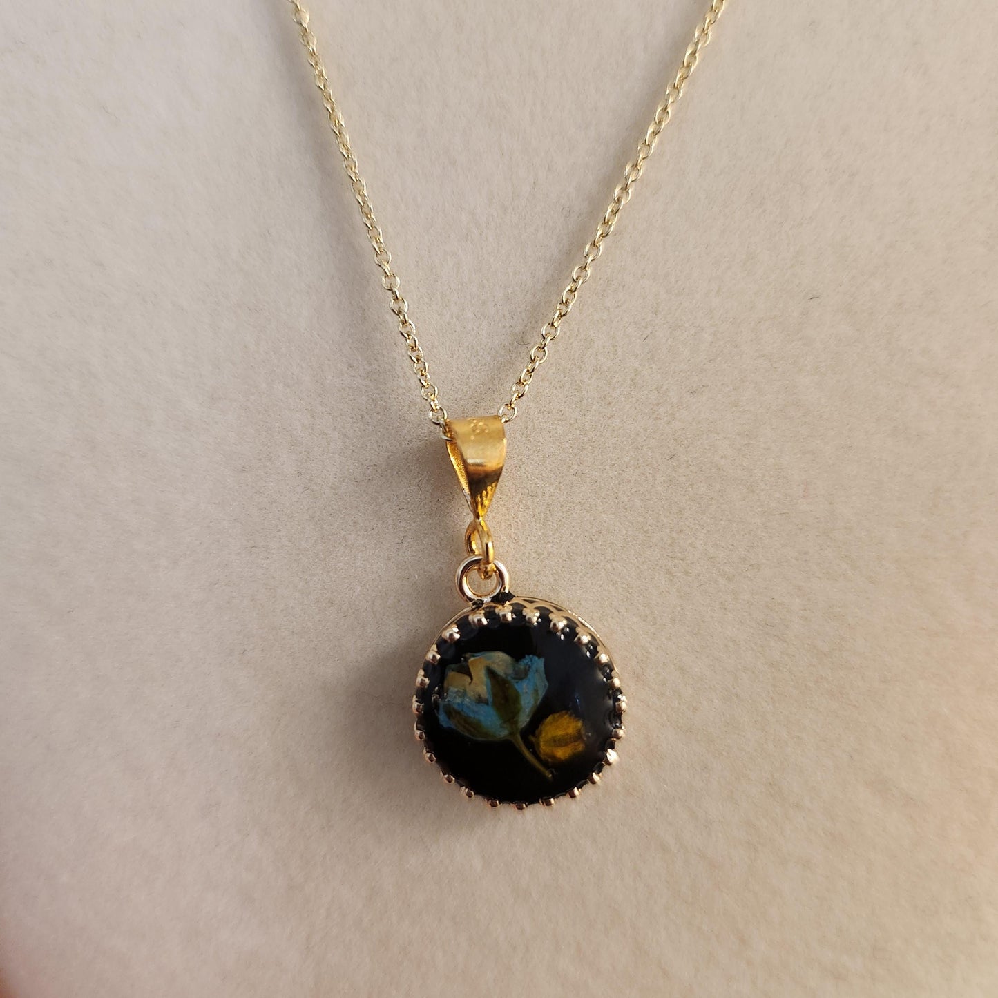 Handmade Pressed Flower Resin Pendant Necklace, 14k Gold Plated