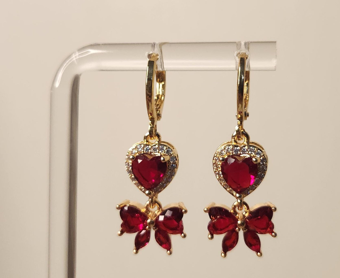 HANDMADE red heart and bow earrings with 14k gold plated huggie hoops