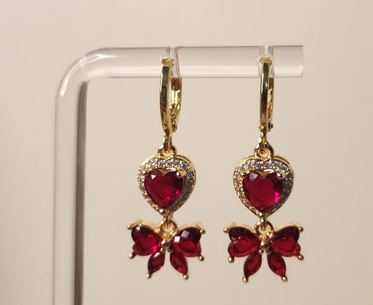 HANDMADE red heart and bow earrings with 14k gold plated huggie hoops