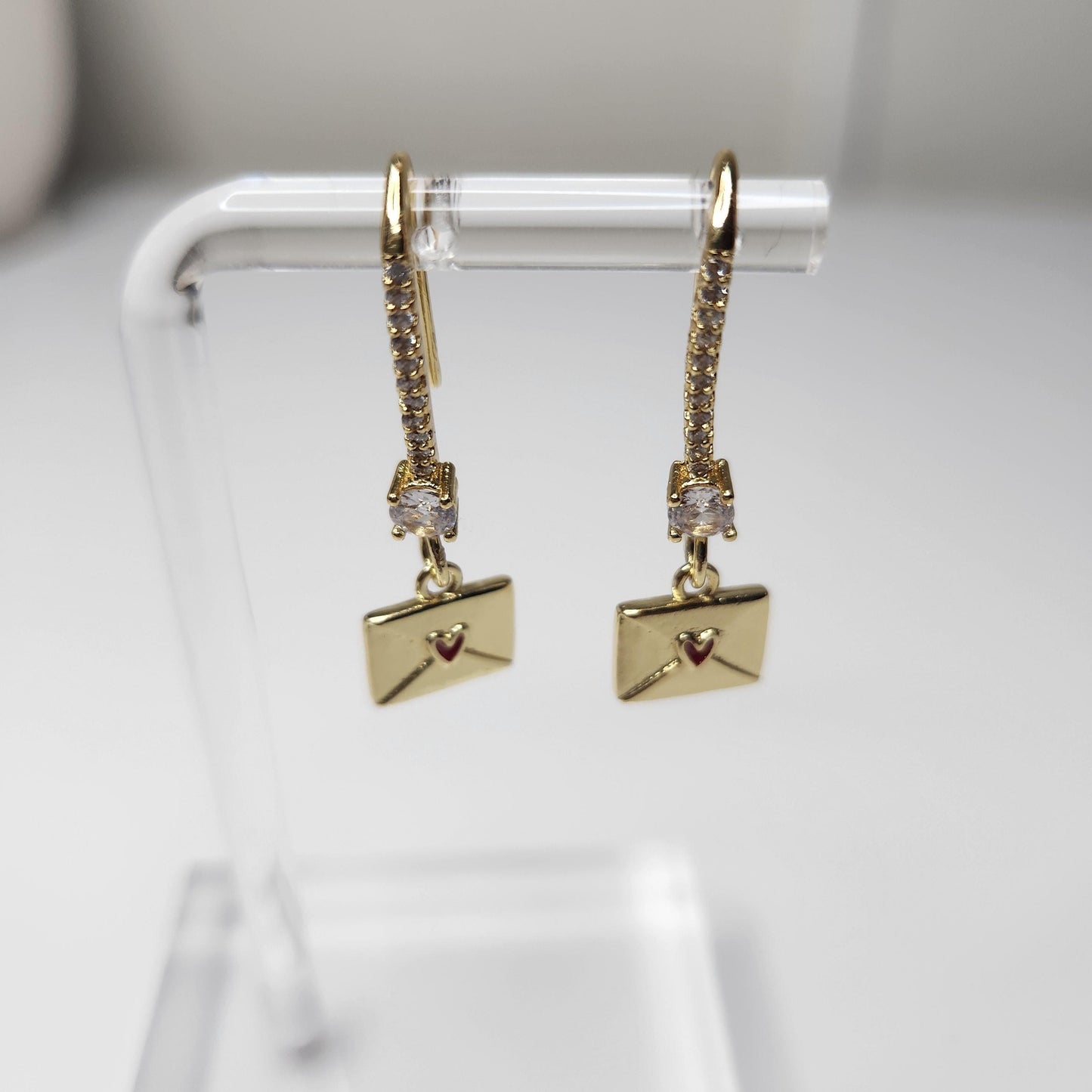 HANDMADE 18k gold envelope with heart dangle earring, mothers day gift ideas