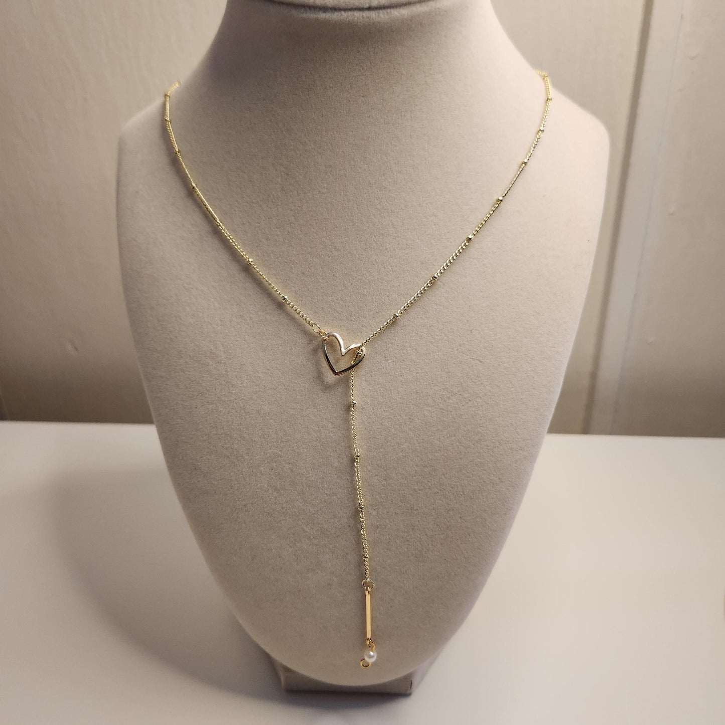 Handmade 18k gold plated adujustable heart with pearl necklace, mothers day gift
