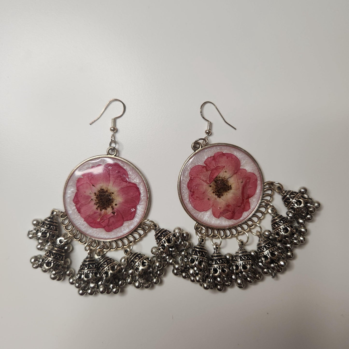 HANDMADE resin jhumkas with real roses (silver)