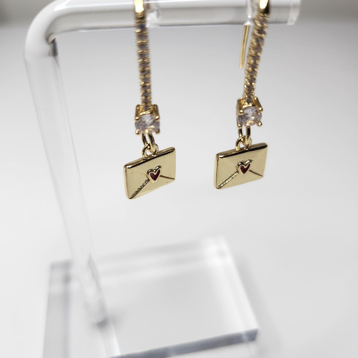 HANDMADE 18k gold envelope with heart dangle earring, mothers day gift ideas