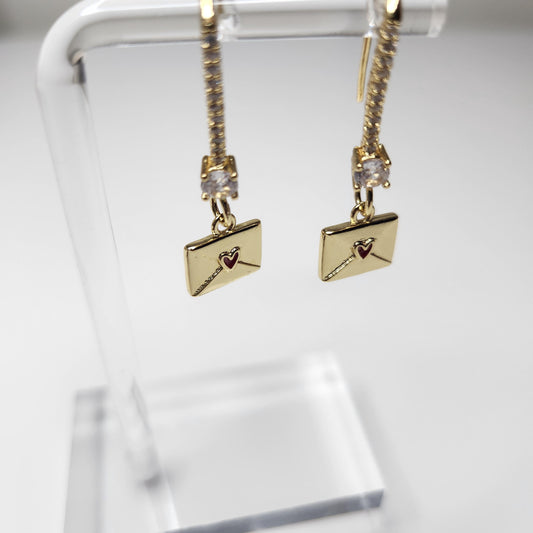 HANDMADE 18k gold envelope with heart dangle earring, mothers day gift ideas