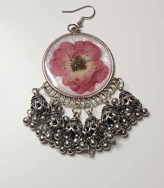 HANDMADE resin jhumkas with real roses (silver)