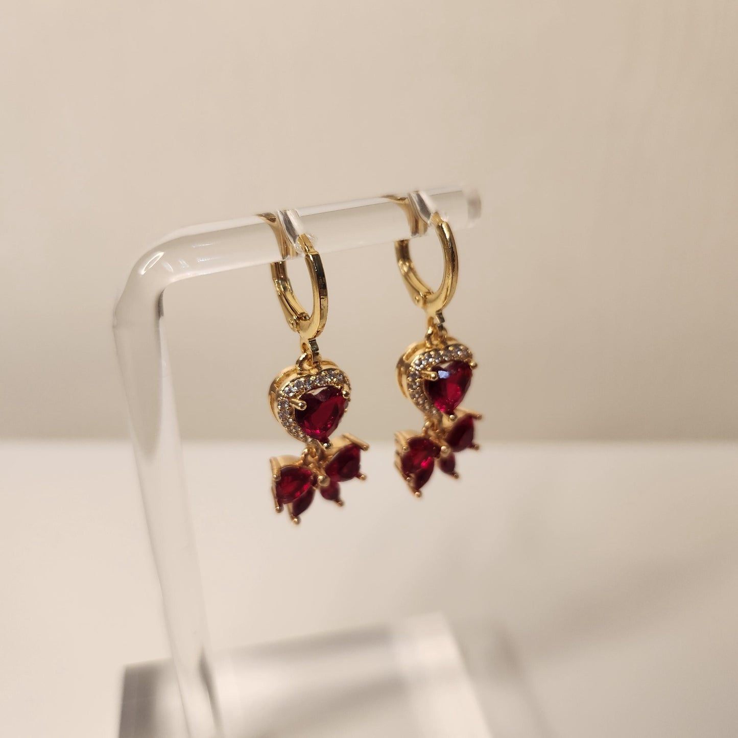 HANDMADE red heart and bow earrings with 14k gold plated huggie hoops