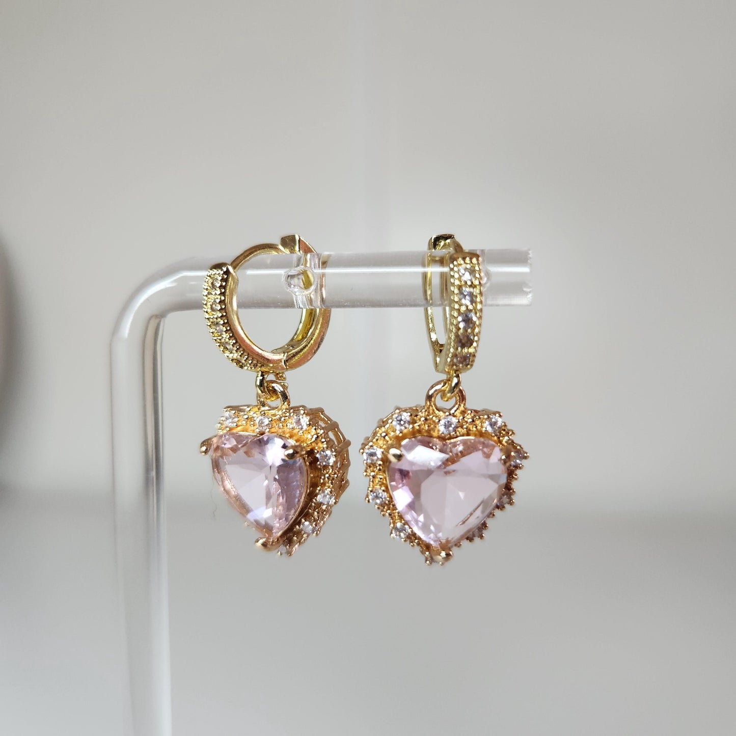 HANDMADE 18k pink heart huggie hoop dangle earring, mothers day gift ideas